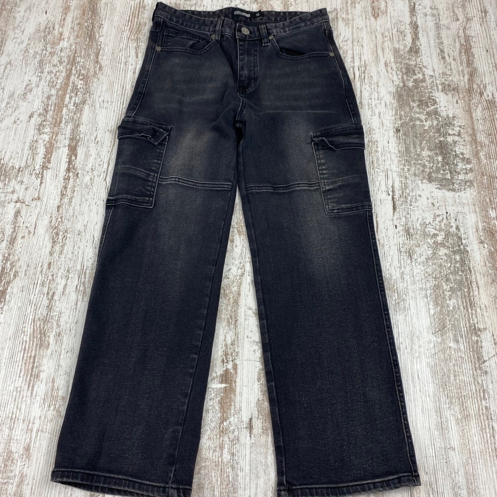 Rock Salt Boys Moto Cargo Jeans Size 14 Washed Black Straight Leg Utility